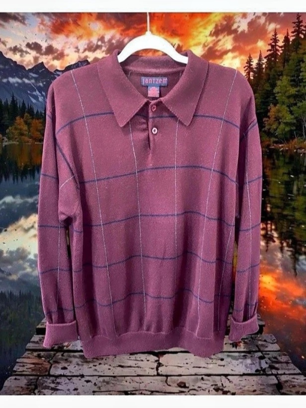 Jantzen Vintage Windowpane Plaid Long Sleeve Knit Polo Sweater Polo Sweater